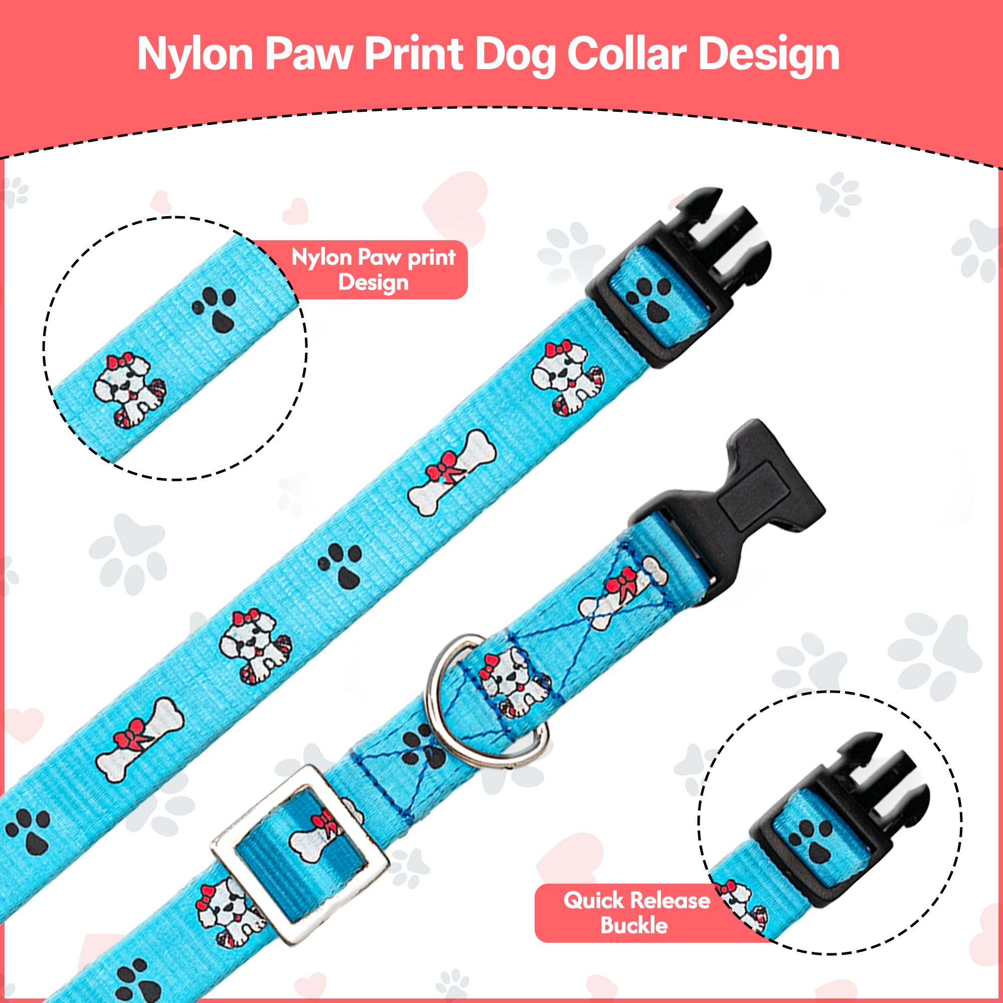 Adil’S Nylon Paw Print Dog Collar with Adjustable Quick Release Buckle & D-Ring for Leashes